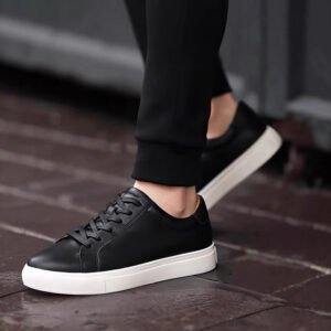Minimalist Breathable Leather Sneakers-White-Pure Black-Black Upper, White Sole