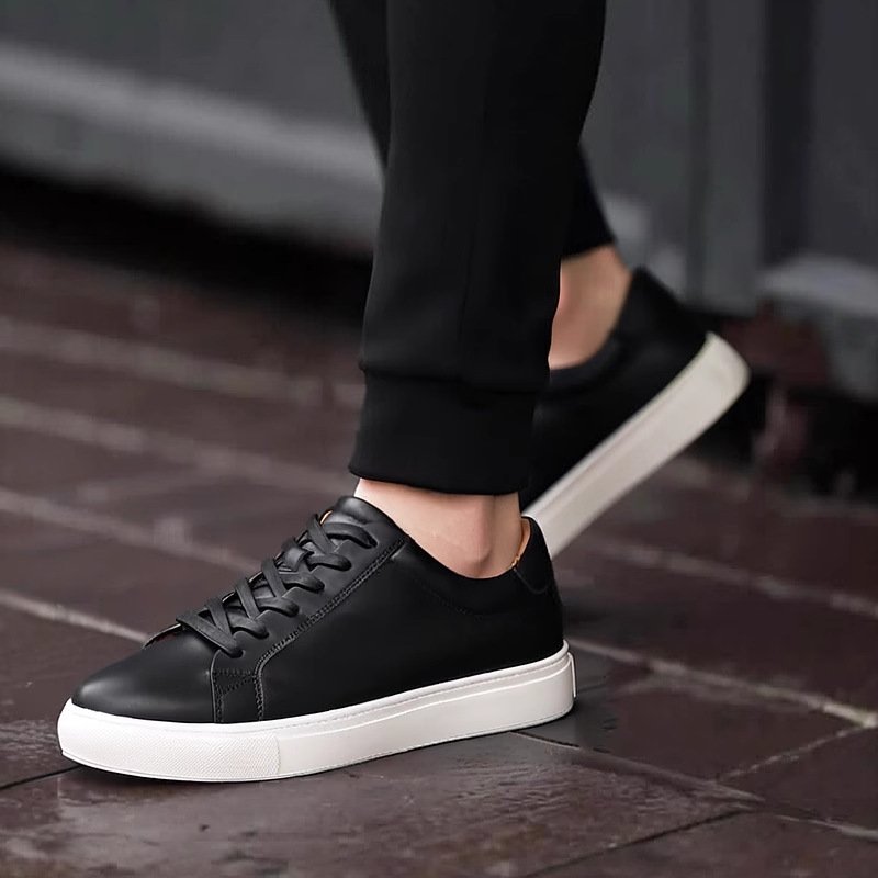 Minimalist Breathable Leather Sneakers-White-Pure Black-Black Upper, White Sole